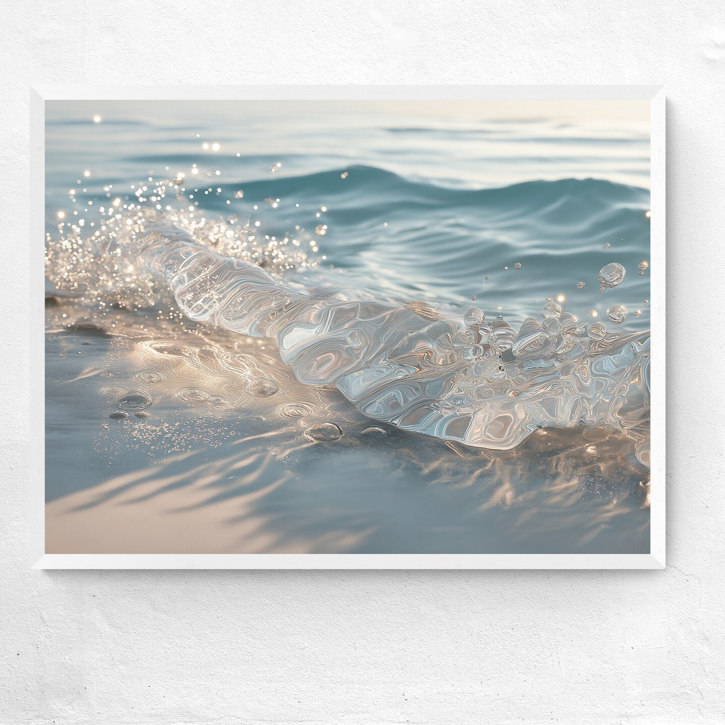 Framed artwork of a beach scene with waves and sand.